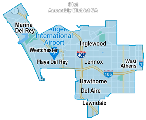 AD61 district map showing labeled communities including Inglewood, Hawthorne, Westchester and Playa del Rey